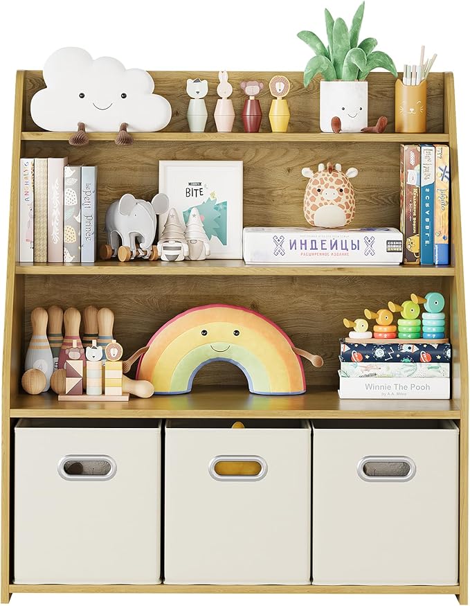 Kids Bookshelf and Toy Organizer, 3-Tier Toy Storage Organizer with 3 Movable Drawers, Montessori Toy Shelf, Nursery Book Shelves Toddler Bookshelf for Kids Room Living Room Nursery