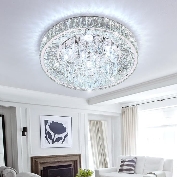 Modern Crystal Chandeliers for Dining Room LED Light Fixture Close to Ceiling Chandelier Flush Mount Ceiling Light Dimmable Lamp with Remote for Living Room Bedroom Hallway 2700K 6000K