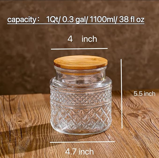 Glass Storage Jar, 38 FL OZ, Food Canisters with Bamboo Lid, Kitchen Containers Decorative Airtight Glass Jars For Cereal Nuts Snack Candy Cookies Coffee Tea