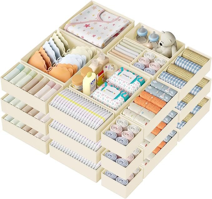 DIMJ Drawer Organizer Clothes 20 Pack - Foldable Baby Organizers and Storage & Dresser Organizer for Bedroom, Closet - Nursery Organization Dresser Dividers for underwear, Sock,Bra, Belt, Tie, Beige