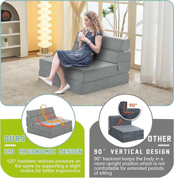jela Foldable Sofa Bed Soft Foam Convertible Sleeper Chair Luxury Miss Fabric Fold Out Chair Bed Floor Couch with Back Support Floor Sofa for Living Room Bedroom (83"x33",Light Grey)