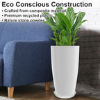Tall Flower Pot Indoor - Outdoor Plant Pot - White Glossy Planter - Elegant Ceramics Imitation - 12" Diameter 21" Tall with Drainage Holes and Saucer