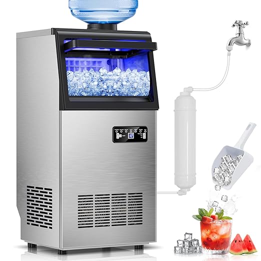 Commercial Ice Maker Machine, 110Lbs/24H, 30Lbs Storage, 36Pcs Clear Ice Cubes in 10-15Mins, Stainless Steel Under Counter or Freestanding Ice Machine - 2 Water Inlet Modes, for Home Party Office