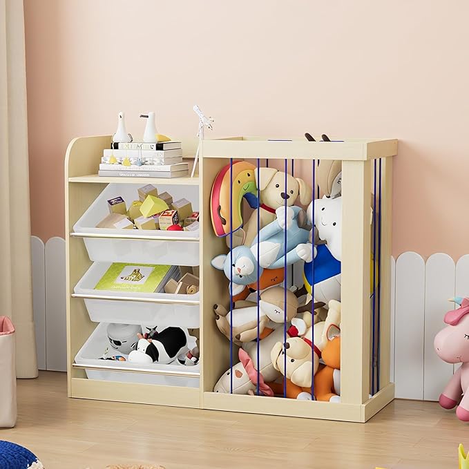 Kids Toy Storage Organizer with 3 Removable Plastic Bins Toddler Montessori Bookshelf with Stuffed Animal Net Holder Baby Bookcase Plush Organizer for Playroom, Bedroom,,Kids Room,Classroom,Nursery