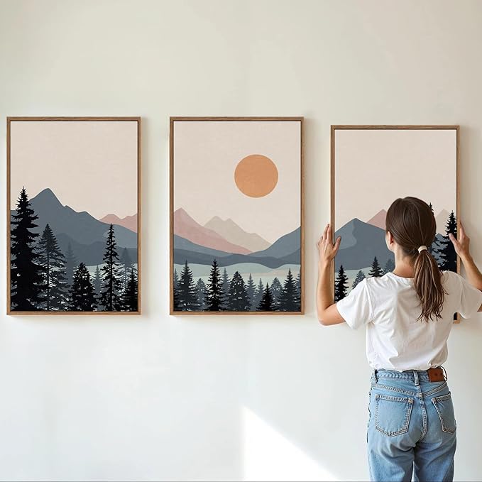 Tinonedraw Boho Mountain Framed Canvas Wall Art Set of 3, Watercolor Nature Landscape Art Prints, Modern Sunrise Art Paintings, Black Pines Tree Forest Wall Decor for Living Room Bedroom Office 16"x24"x3