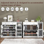 Loomie 5-Tier Shoe Cabinet with 4 Side Cubbies, Farmhouse Shoe Rack Cabinet with 6 Adjustable Shelves & 2 Drawers, Freestanding Shoe Storage Cabinet with 4 Brackets & 2 Hooks for Entryway (White)