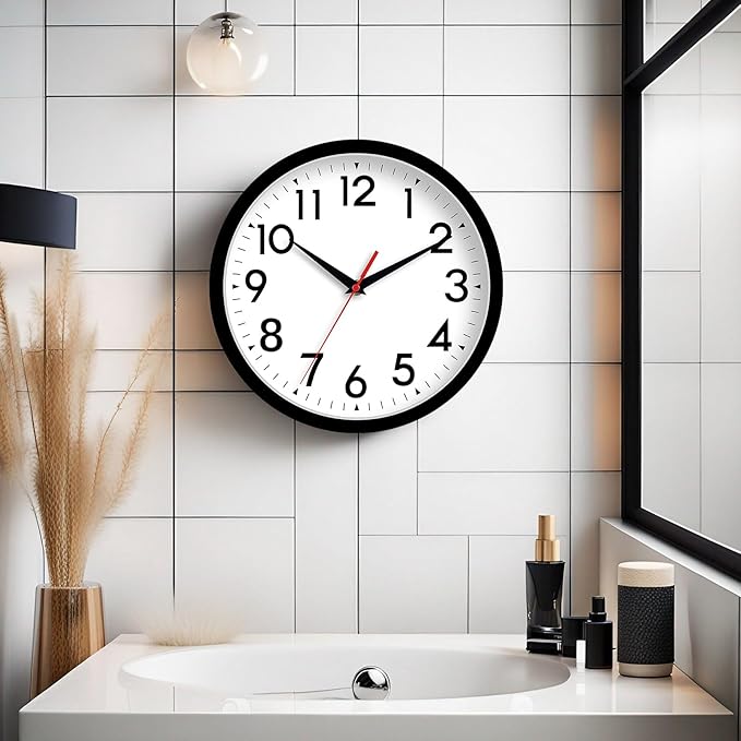 Wall Clock Analog 10 Inch Silent Non Ticking Battery Operated Modern Decorative for Living Room Kitchen Office Bedroom Bathroom(Black)