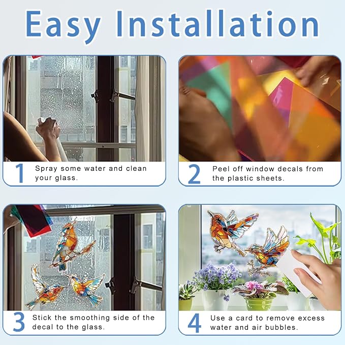 12pcs Window Decals for Bird Strikes, Anti Collision Window Clings, Rainbow Reflection Window Sticker, Hummingbird Style Sun Catcher Stickers for Glass Windows