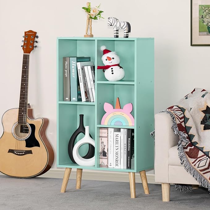 LEYAOYAO 5 Cube Bookshelf 3-Tier Bookcase with Legs,Mint Green Kids Book Shelf Cute Storage Organizer,Free Standing Open Toy Shelves Wood Bookshelves,Display Bookcases for Bedroom,Living Room,Nursery