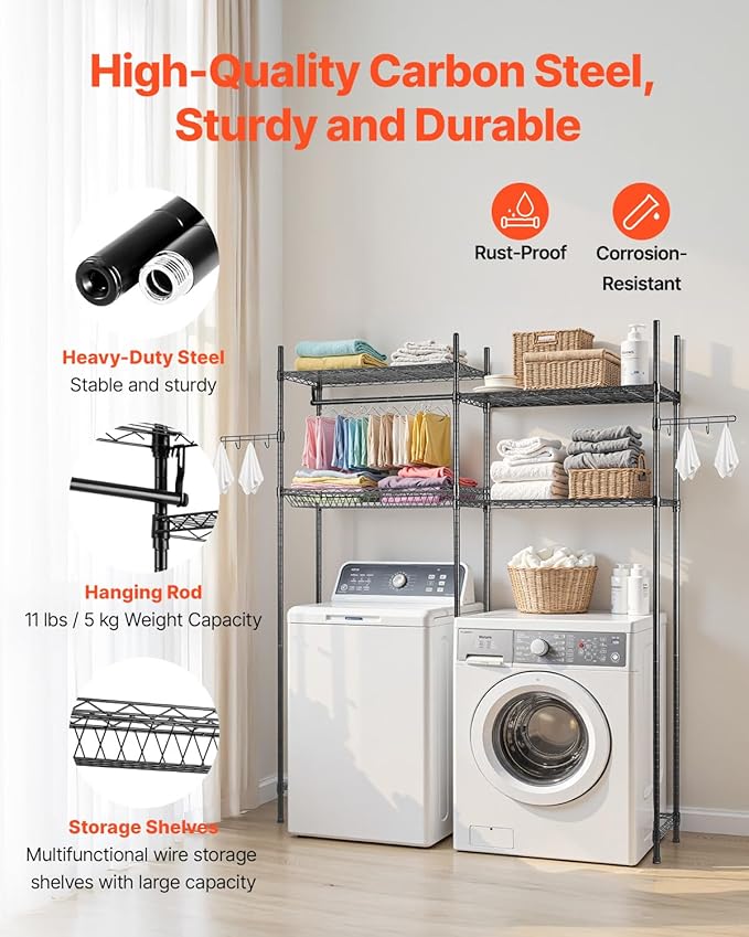VEVOR Over The Washer and Dryer Storage Shelf, 4 Tier Laundry Room Drying Rack with Hanger Rod and Hooks, Adjustable Over Washer and Dryer Shelves, Laundry Room Shelf Storage Space Saver, Black
