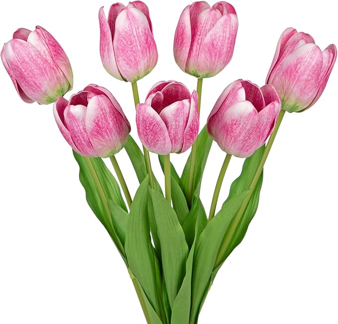 Artificial Tulips Flowers – 24" Long Stem Faux Tulips, 7PCS Real Touch Fake Pink Tulip for Vase, Farmhouse, Kitchen, Spring & Wedding Home Decor