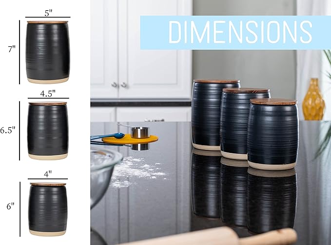 Nat & Jules Lidded Black 6 inch Ceramic and Wood Kitchen Canisters Set of 3
