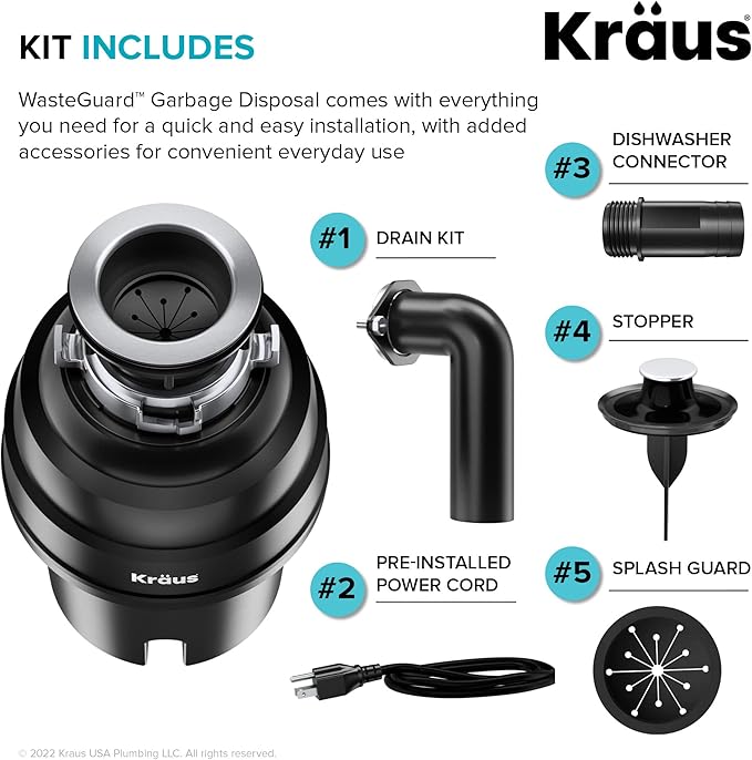 KRAUS WasteGuard 1 HP Ultra-Quiet Garbage Disposal with Quick Connect, Kitchen Sink Drain Cover, Power Cord and Flange Included, KWD100-100MBL