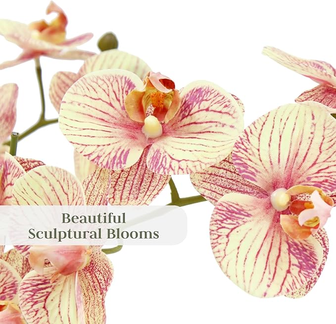 Faux Orange Orchid Plant, Premium Artificial Indoor Flower Display Stands 23”, Beautiful Sculptural Blooms That Lasts Forever, White Planter Pot Included