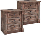 26" Tall Farmhouse Nightstand Set of 2, 3 Drawers End Table w/Charging Station, 23.6" Wide Large Side Table w/Roman Column, Wood Rustic Sofa Table for Bedroom, Light Brown