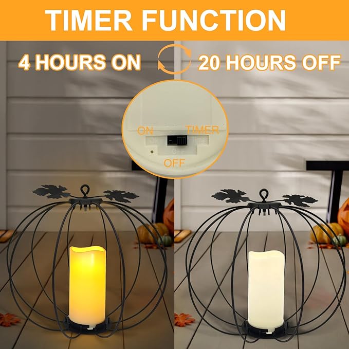 Halloween Metal Pumpkin Candle Holder, 3 Pcs Light up Black Pumpkin Lantern with LED Flickering Yellow Candle Lights Build in Timer for Thanksgiving Halloween Harvest Fall Home Decor