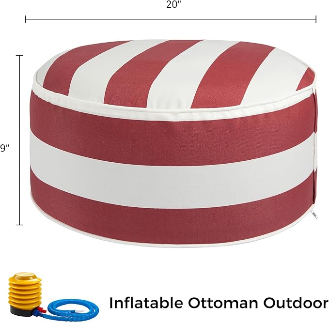 FUNHOME Inflatable Outdoor Ottoman with Air Pump,20"x9" Portable Patio Pouf,Water Resistant,Fade-Resistant,Round Blow Up Footrest Stools for Home Garden Camping Travel(Red White)