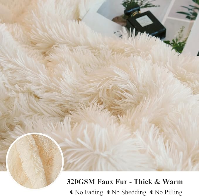 XeGe Luxury Faux Fur Blanket, Ivory Soft Big Fluffy Throw, Shaggy Plush Decorative Couch Blanket, Cute Off White Furry Fuzzy Throw for Bed Bedroom Living Room Beige, 60x90