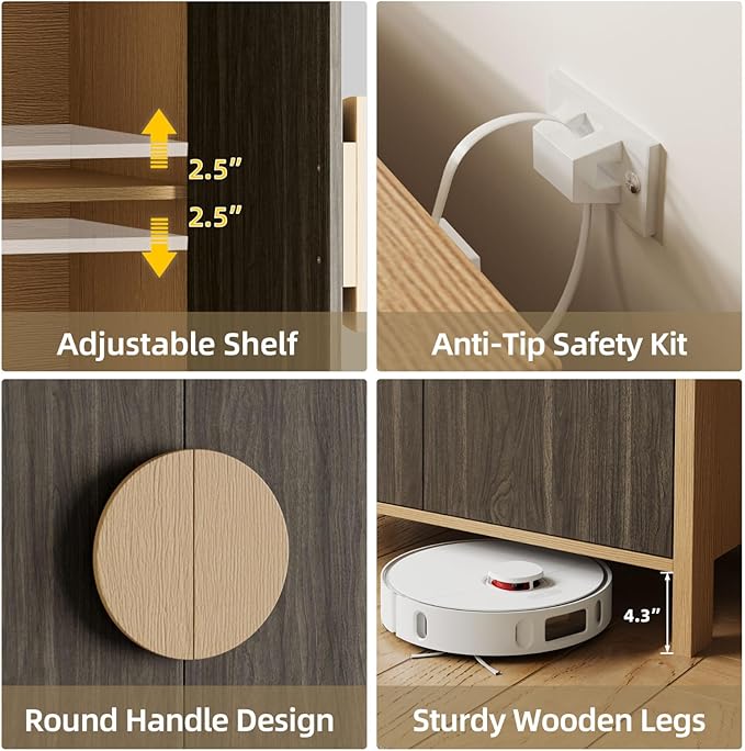 65 Inch TV Stand, Mid Century Modern Entertainment Center with Storage Cabinets & Adjustable Shelves, Media Console TV Credenza for Living Room, Dining Room, Hallway, Walnut
