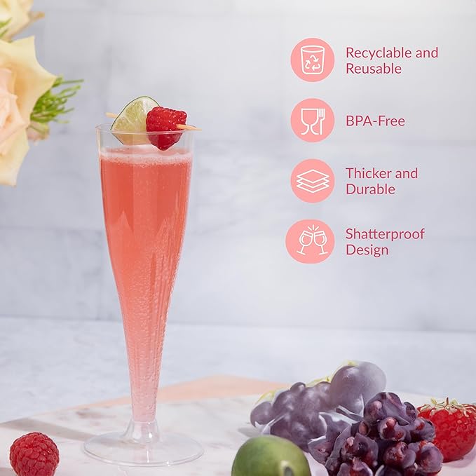 Prestee Set of 24 Clear Plastic Champagne Flutes - 4.5 oz Capacity Shatterproof Disposable Glasses - Suitable for Weddings, Cocktail Parties, and Outdoor Celebrations