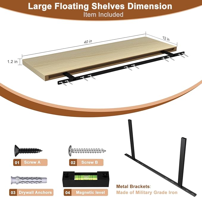 40 Inch Floating Shelf 3 Pack Large Floating Shelves for Wall No Drilling Accessories Included Deep Wall Shelves for Living Room Kitchen Farmhouse 40" W x 12" D x 1.2" Oak