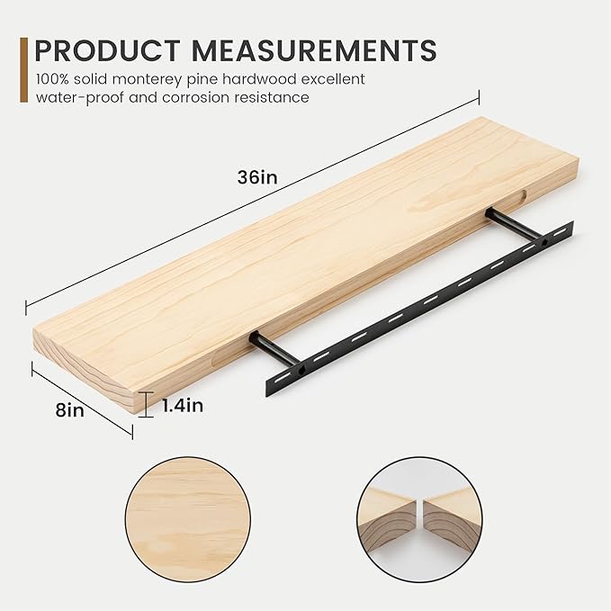 Fun Memories 36 Inch Floating Shelves for Wall, Deep Rustic Solid Pine Wood Wall Shelves for Storage - Farmhouse Wall Mounted with Heavy-Duty Metal Bracket, 36" W x 8" D, Set of 2,Unfinished