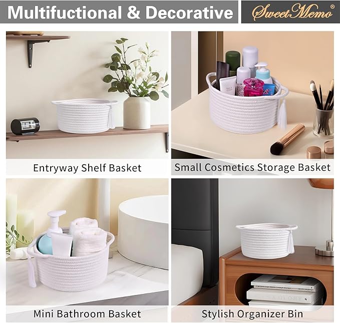 Small Gift Basket Empty to Fill – SweetMemo Cute Woven Organizer Baskets with cellophane wrap for Kids, Baby Shower, Office, Bathroom, Bedside – Little Decor Cotton Rope Bin with Handles - White