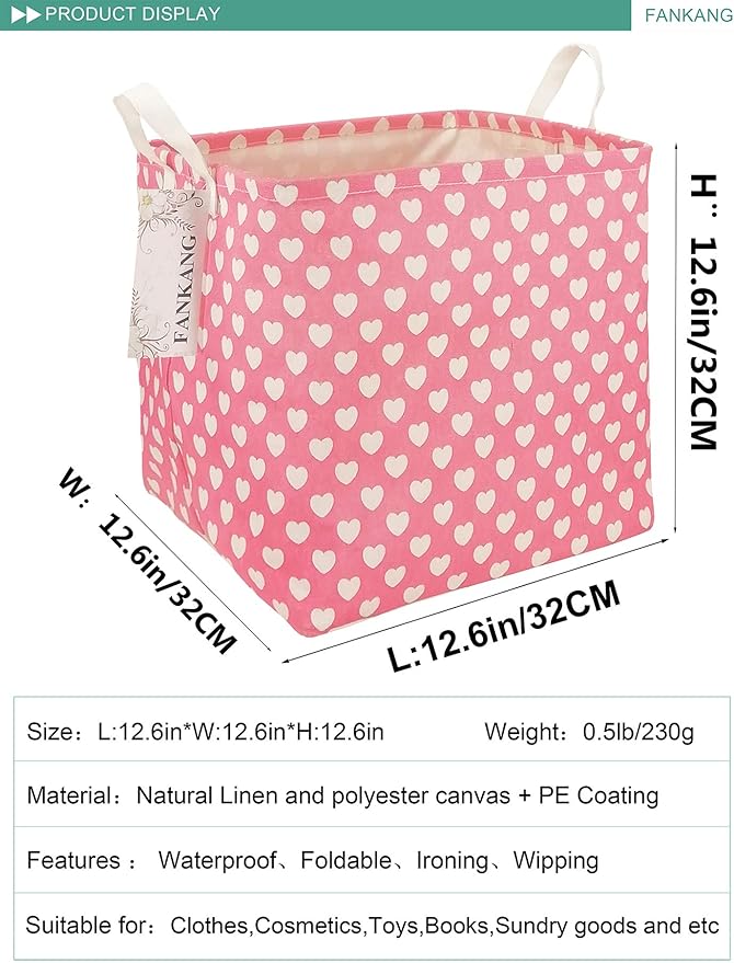 FANKANG Square Nursery Hamper Storage Bins Canvas Laundry Basket Foldable with Waterproof PE Coating Storage Baskets Gift Baskets for Children, Office, Bedroom, Clothes（Square-Pink Heart ）