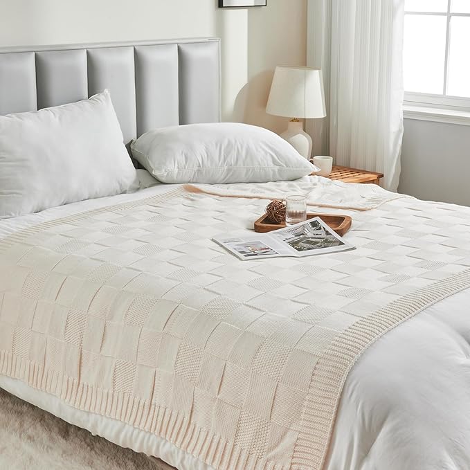 CozeCube Check Knit Throw Blanket, Cream White Checkered Throw for Couch, Decorative Christmas Soft Cozy Warm Knitted Blanket for Bed Sofa Living Room, 50"X60"