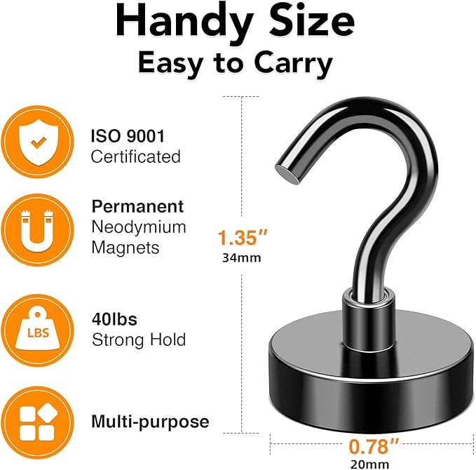 MIKEDE Magnetic Hooks, 40Lbs Strong Neodymium Black Magnet Hook for Hanging, Heavy Duty Magnetic Hooks Classroom Must Have, Magnet with Hooks for Home, Kitchen, Workplace, School - Pack of 10