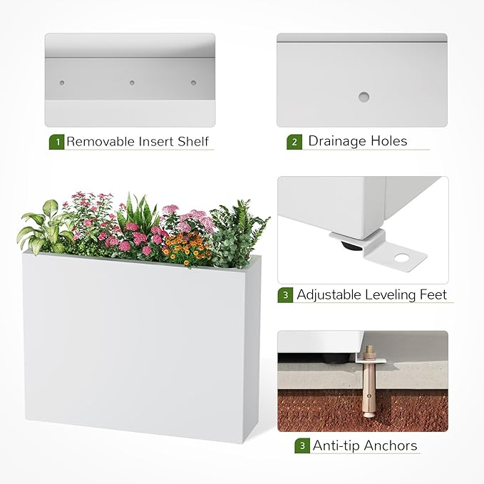 Stoog 38" Large Planters for Outdoor Plants, All-Weather Rectangular Metal Planter Box with Removable Insert Shelf, and Modern Design – Ideal for Plants, Flowers, Vegetables, Garden, White