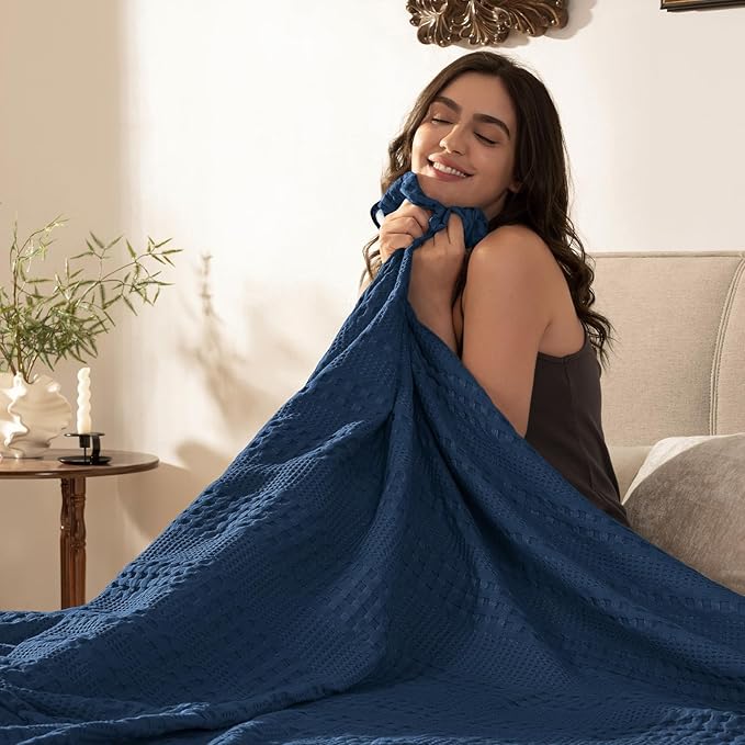 PHF Cooling Waffle Blanket Twin Size, Lightweight 60% Rayon Derived from Bamboo & 40% Cotton Breathable Blanket for Hot Sleepers, Soft and Luxury for Bed Couch and Sofa, 66"x90", Navy Blue