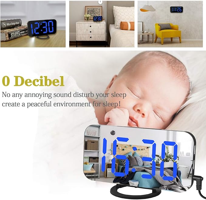 Digital Alarm Clock,Mirror Surface LED Electronic Clocks,with USB Charger,Snooze Model, Auto/Custom Brightness,for Office Table Bedroom Nightstand(Black-Blue)