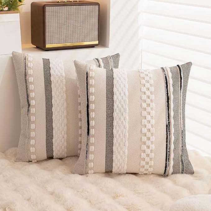 Boho Throw Pillow Covers 18x18 Set of 2 Farmhouse Decorative Cushion Case Striped Square Pillows Cover Chenille Pillow Cases Accent Neutral Pillowcase for Sofa Couch Bed,White