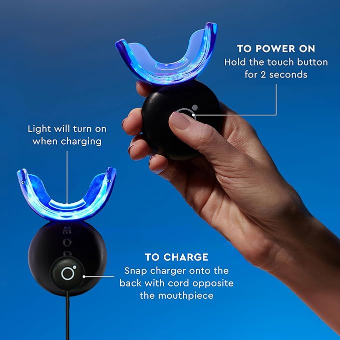 MOON LED Teeth Whitening Kit - Gentle Teeth Whitener Device, 56 White Strips, USB Charger & Travel Case - Blue Light Whitening Tray Removes Stains & Whitens Up to 12 Shades in 2 Weeks (4 Piece Kit)
