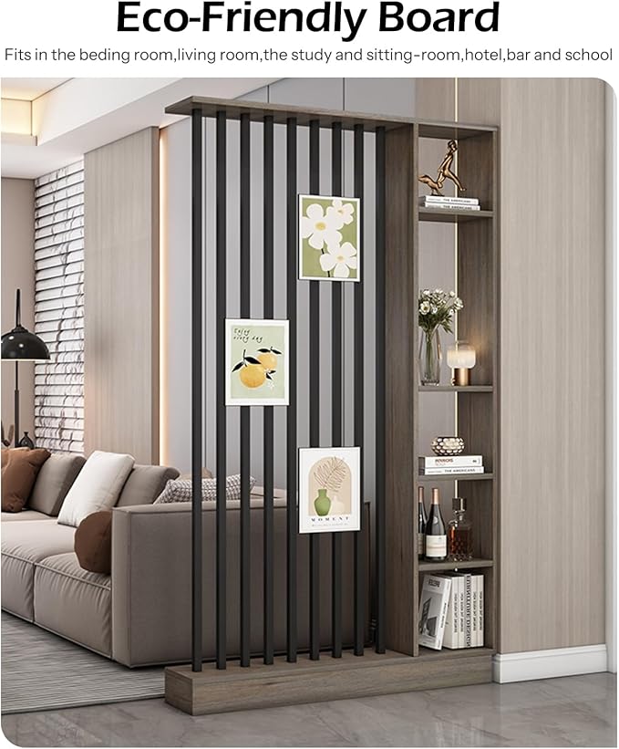Wall Room Divider, Storage Cabinet Storage Display with Shelves, Modern Freestanding Wood Room Divider Screen, Wall Privacy Screens for Home Decorative (Grey Oak+Black,55" L x 9.5" W x 79.5" H)