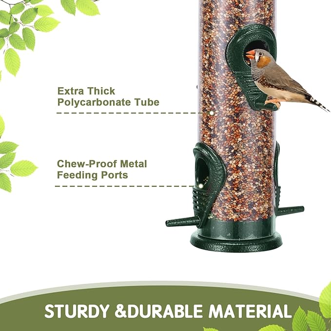 MIXXIDEA 2PK Metal Wild Bird Feeder Bird Feeders for Outdoors Hanging 6 Port Tube Bird Feeder Transparent Finch Feeder with Steel Hanger Green