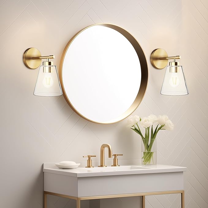 Hamilyeah Gold Wall Sconces Set of 2, Bathroom Sconce Lighting Fixtures, Modern Industrial Sconces Wall Lighting Indoor, Brass Wall Lamps for Bedroom Living Room Kitchen Over Sink Hallway