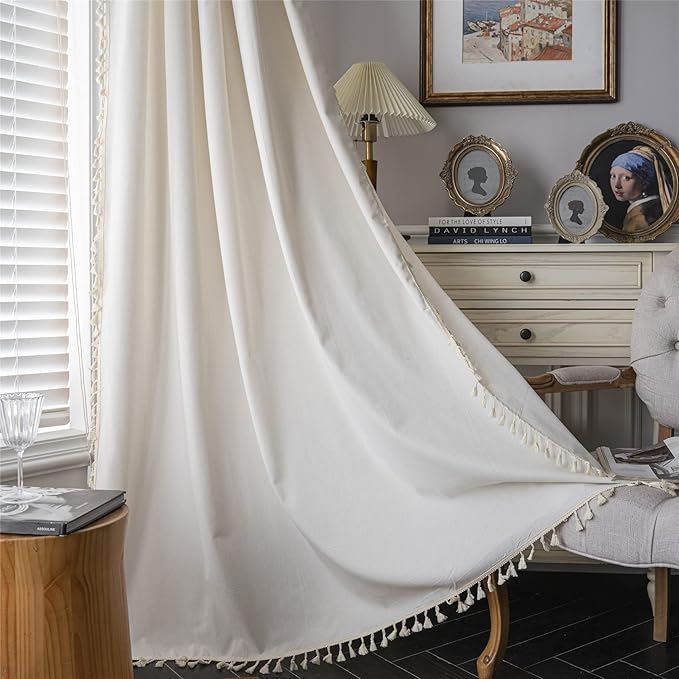 Sutuo Home Boho Curtain with Handmade Tassels, Rod Pocket Window Treatment Vintage Rustic Bohemian French Farmhouse Semi-Blackout Solid Drape for Bedroom, 1 Panel 59" W x 84" L,Cream White