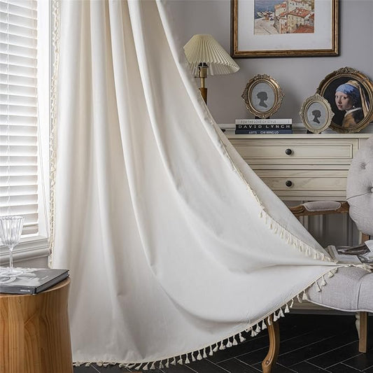 Sutuo Home Boho Curtain with Handmade Tassels, Rod Pocket Window Treatment Vintage Rustic Bohemian French Farmhouse Semi-Blackout Solid Drape for Bedroom, 1 Panel 59" W x 84" L,Cream White