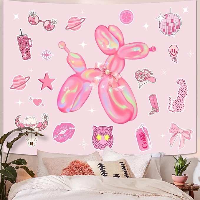 Lunerfex Y2K Tapestry Pink Dog Wall Tapestry, Cute Tapestries for Bedroom Funny Tapestries Wall Hanging for Bedroom Living Room Decor Pink-6 44"x60"