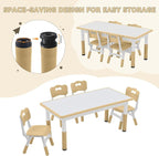 Kids Study Table and Chairs Set, Height Adjustable Toddler Table and Chair Set for Kids Ages 3-8, Graffiti Desktop (Light Brown)