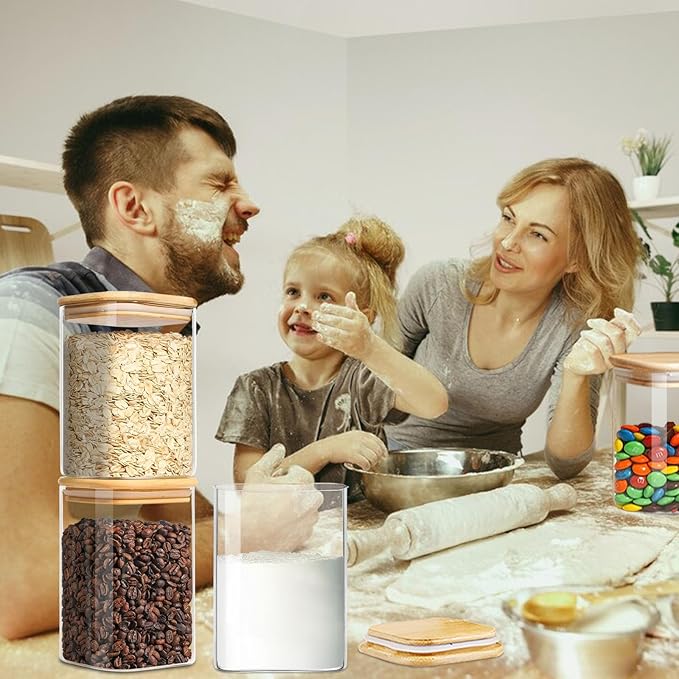 Square Glass Jars Canister with Wood Lid 37 FL OZ [Set of 4], Container Jar with Sealing, Lids for Oat Pasta Flour Cereal Rice Sugar Tea Coffee Beans, Best for Kitchen & Pantry