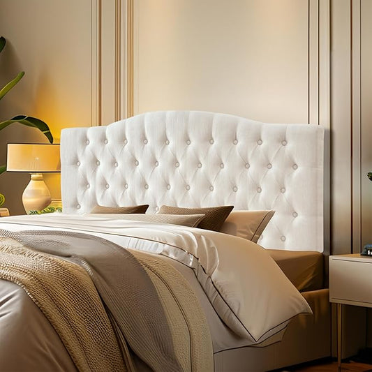 Linen Upholstered Headboard Queen/Full Size Bed Tufted Button Headboard, Featuring High-Density Sponge Padding, Luxury Texture Easy Assembly Comfort and Style-Ivory
