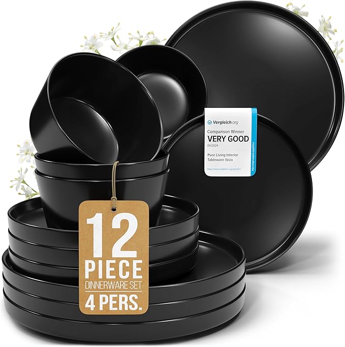 Ceramic Dinnerware Set - Scratch Resistant, Dishwasher & Microwave Safe Stoneware - 12 Piece Plates and Bowls for 4 - Matte Black