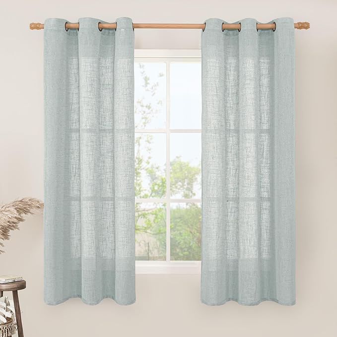 LAMIT Sheer Linen Curtains 63 inches Long for Bedroom, Bronze Grommet Linen Drapes Light Filtering Semi Sheer Curtains for Small Window/Kitchen, 2 Panels, 34 x 63 Inch, Greyish Blue