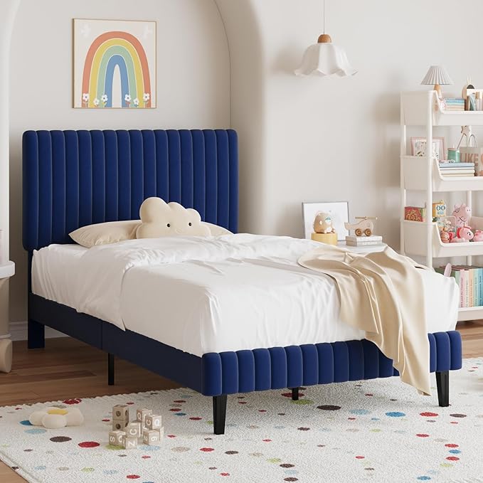 Twin Bed Frame, Velvet Upholstered Platform Bed with Vertical Channel Tufted Headboard and Footboard, No Box Spring Required, Easy Assembly, Blue