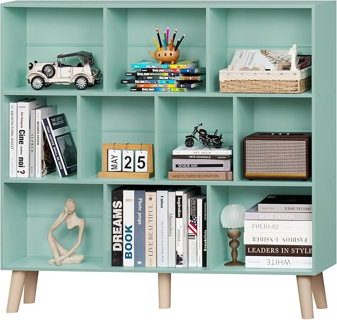 LEYAOYAO 10 Cube Bookshelf,3 Tier Modern Wide Bookcase with Legs,Mid-Century Wood Bookshelves Storage,Mint-Green Large Book Case,Freestanding Organizer Display Shelf for Bedroom,Living Room,Office