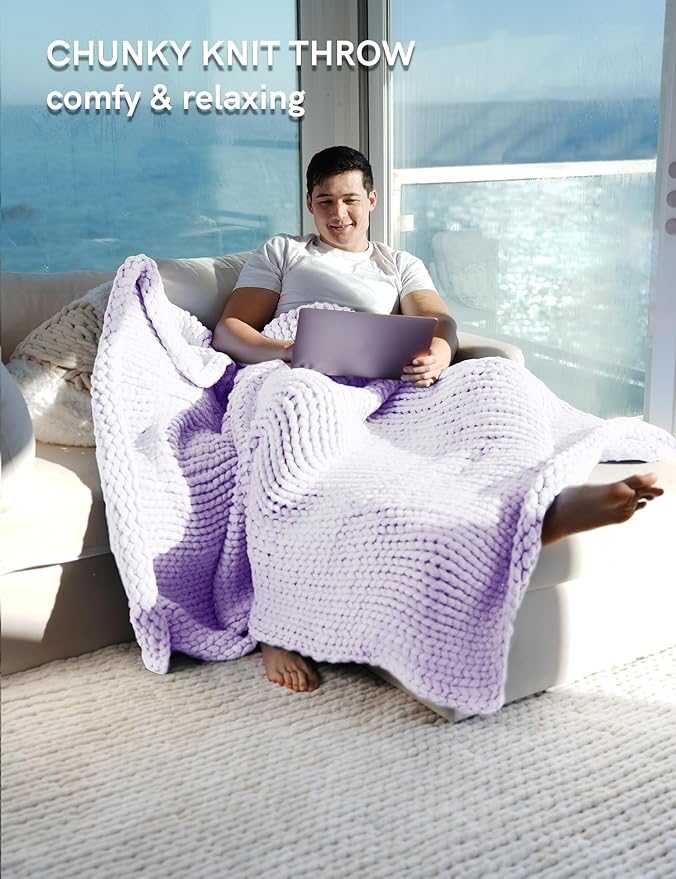 YnM Chunky Throw Blanket, Medium-Weight, Hand Knitted, Skin Friendly, Ventilated and Breathable, Machine Washable, Home Décor Piece for Couch, Sofa and Bed (Iris Lavender, 40x50 Inch)