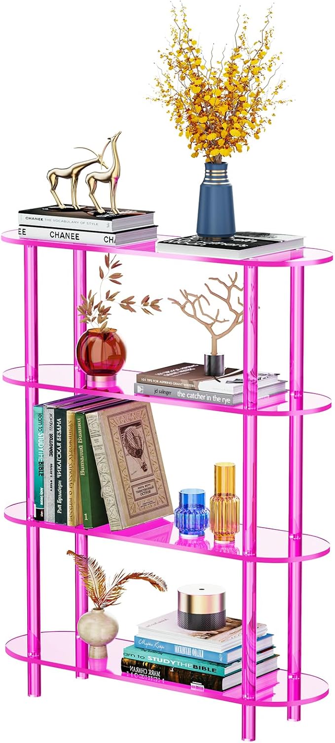 Clear Bookshelf, Acrylic Bookcase with Open Book Shelf Console Table for Entryway Office (4 Tier Pink)